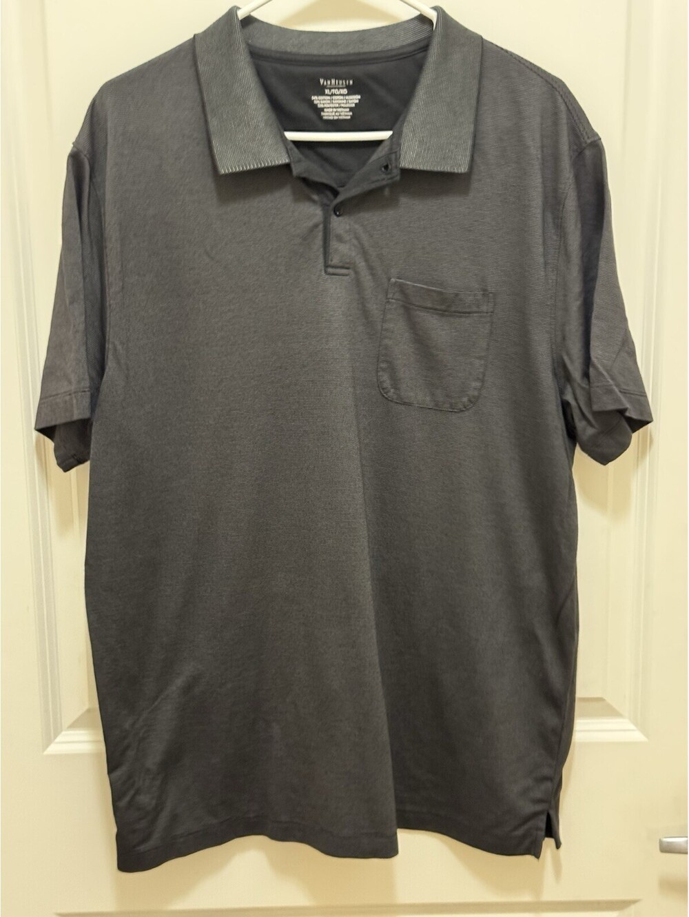 Van Heusen Polo Shirt Mens XL Charcoal Gray Striped Pocket Short Sleeve